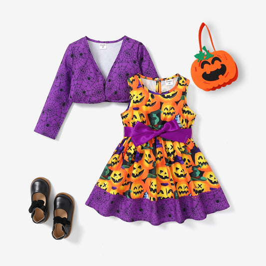 Toddler Girl Sweet Halloween Dress Set - Pumpkin & Spider Web Design