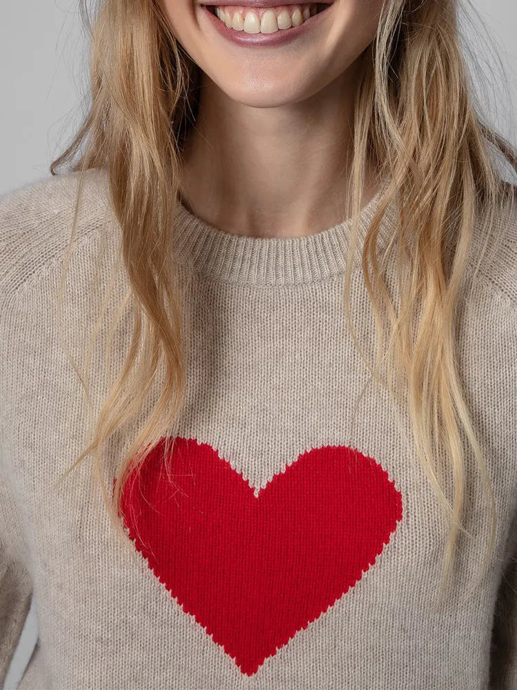 Women's Knitted Red Heart Sweater Pure Wool