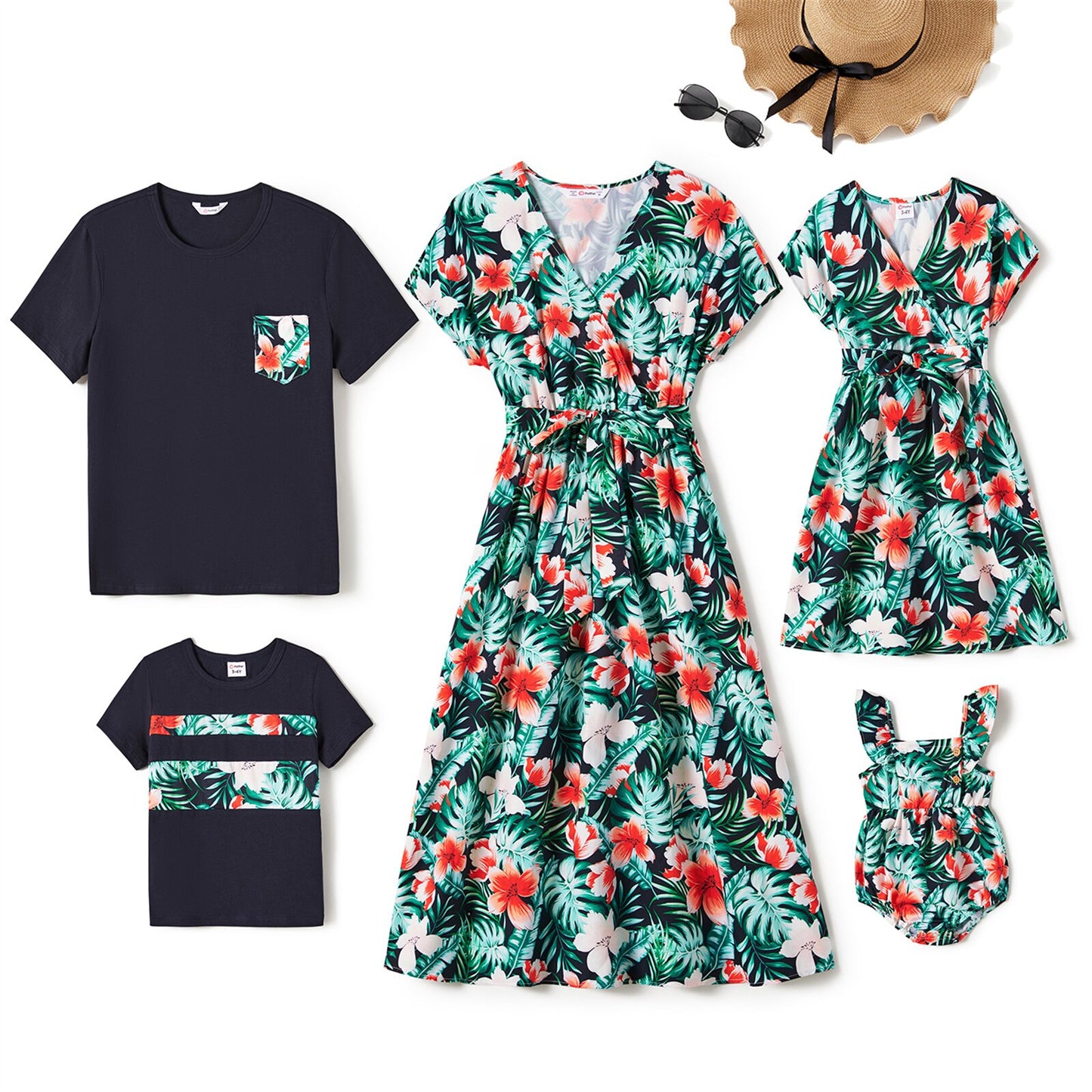 Family Matching Outfit - Allover Floral Print Belted Dress, Short-sleeve Tee and Romper Sets