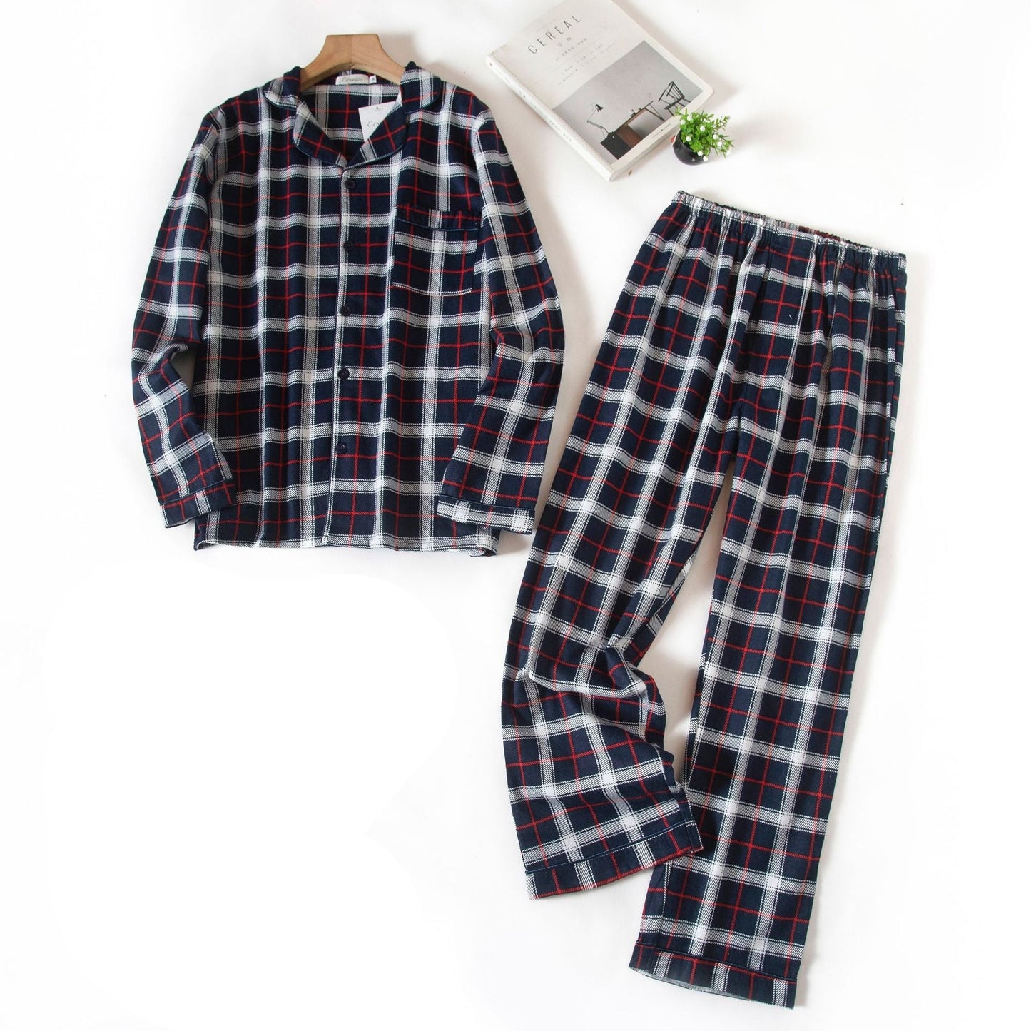 Winter Men's Plaid Flannel Pyjamas 2 Pcs Set