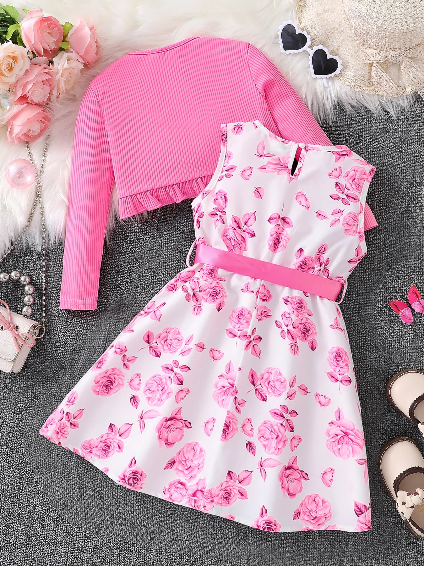 Girls' Pink Floral Dress Set – 2-Piece Outfit