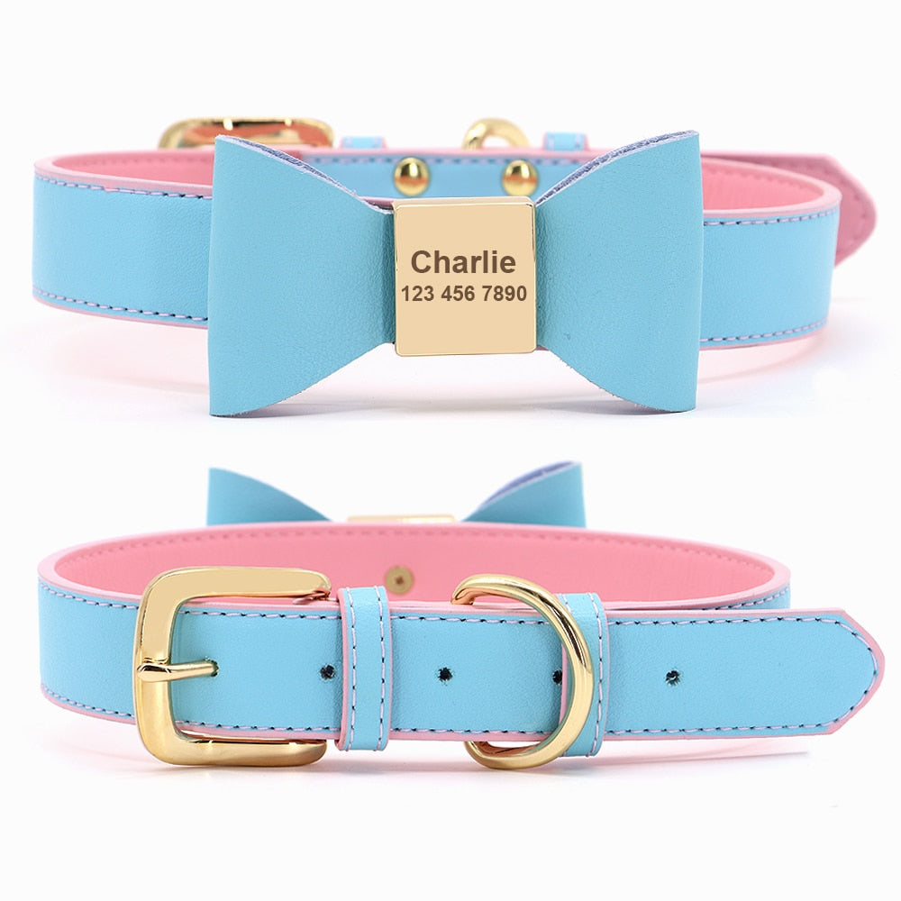 Dog & Cat Engraved Leather Bow Collar