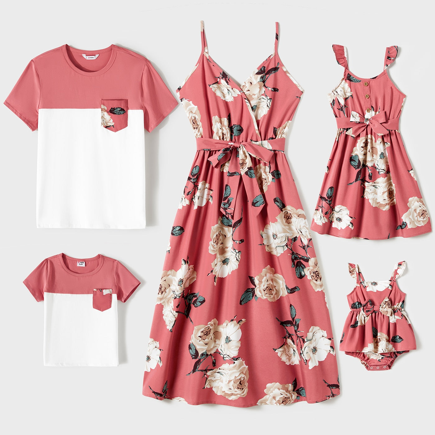 Matching Family & Couple Outfits - Floral Print Belted Slip Dresses & Short Sleeve T-shirts