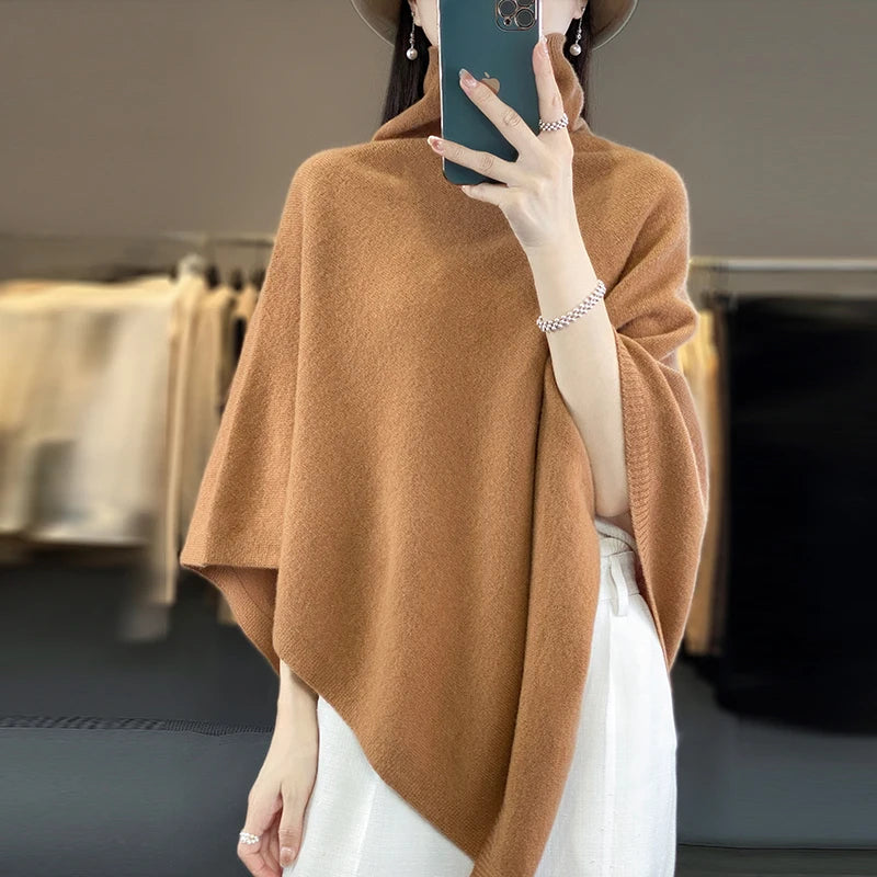 Women's High Neck Merino Wool Poncho