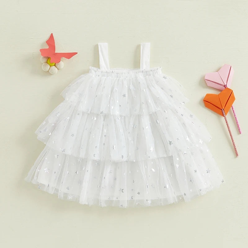 Girls' Knee-Length Tulle Dress – Sleeveless & Ruffled