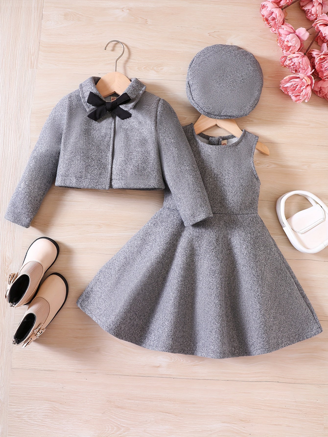 Elegant Girls' Outfit Set – Sleeveless Dress, Long-Sleeve Coat, and Beret