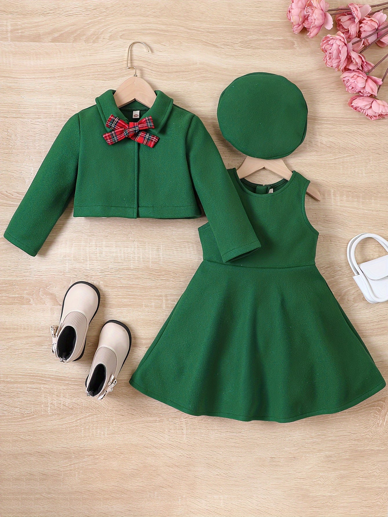 Elegant Girls' Outfit Set – Sleeveless Dress, Long-Sleeve Coat, and Beret