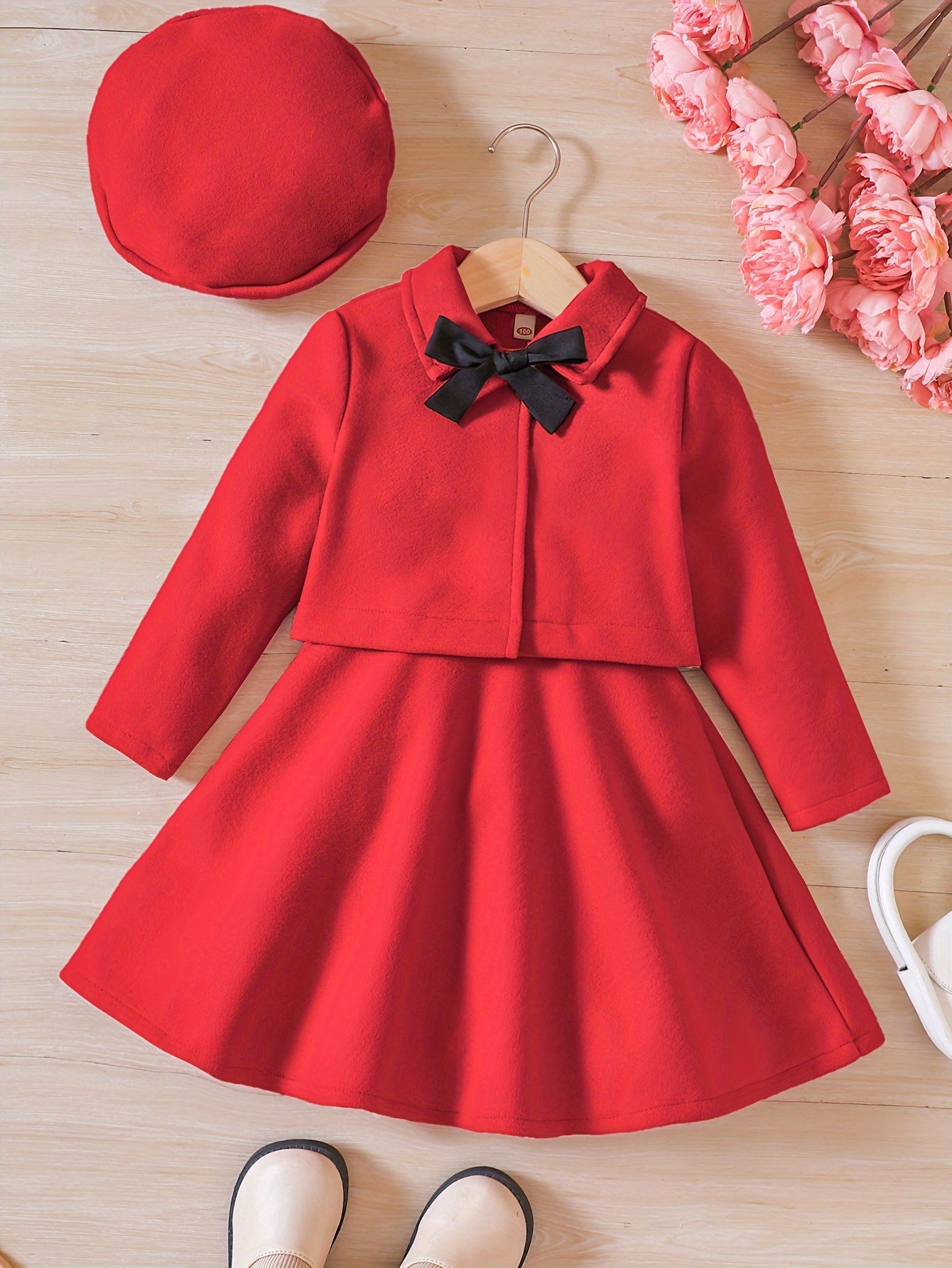 Elegant Girls' Outfit Set – Sleeveless Dress, Long-Sleeve Coat, and Beret