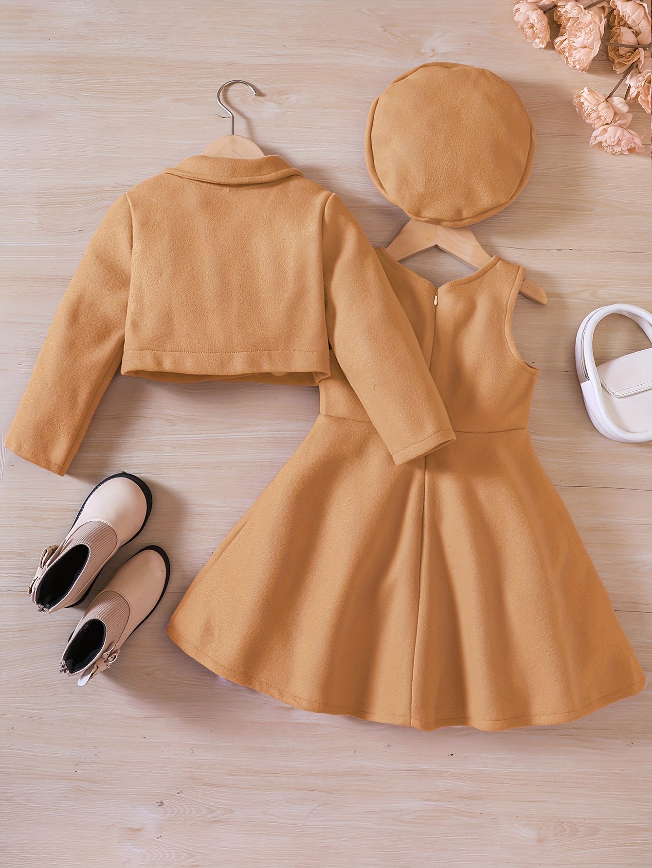 Elegant Girls' Outfit Set – Sleeveless Dress, Long-Sleeve Coat, and Beret