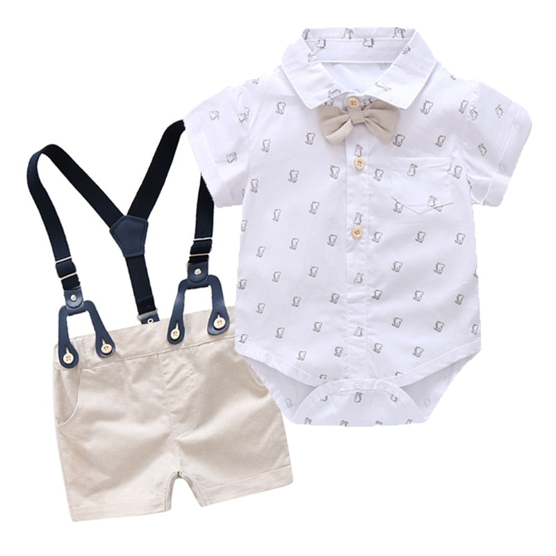 Stylish Summer Baby Boy Outfit (Shirt + Bow + Shorts + Suspenders)