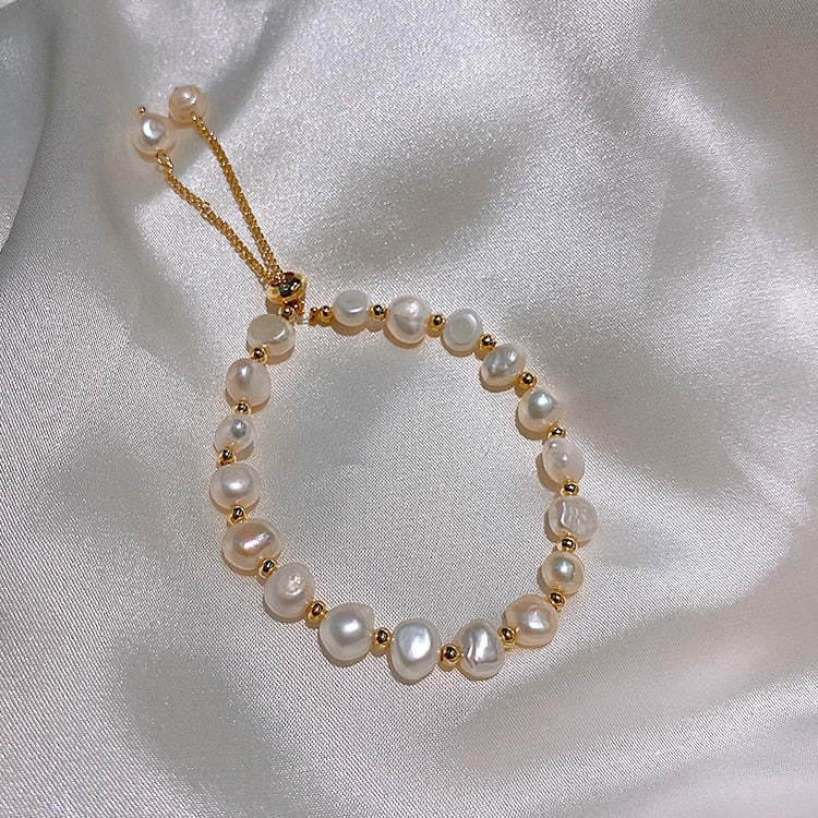 Gold Charm Bracelet with Freshwater Pearls in Baroque Style