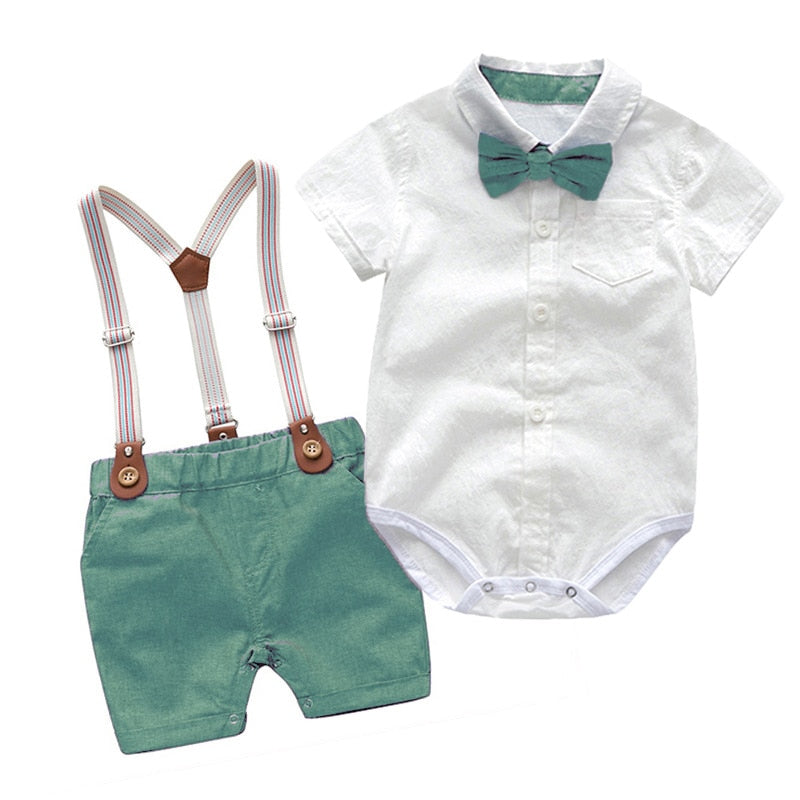 Stylish Summer Baby Boy Outfit (Shirt + Bow + Shorts + Suspenders)