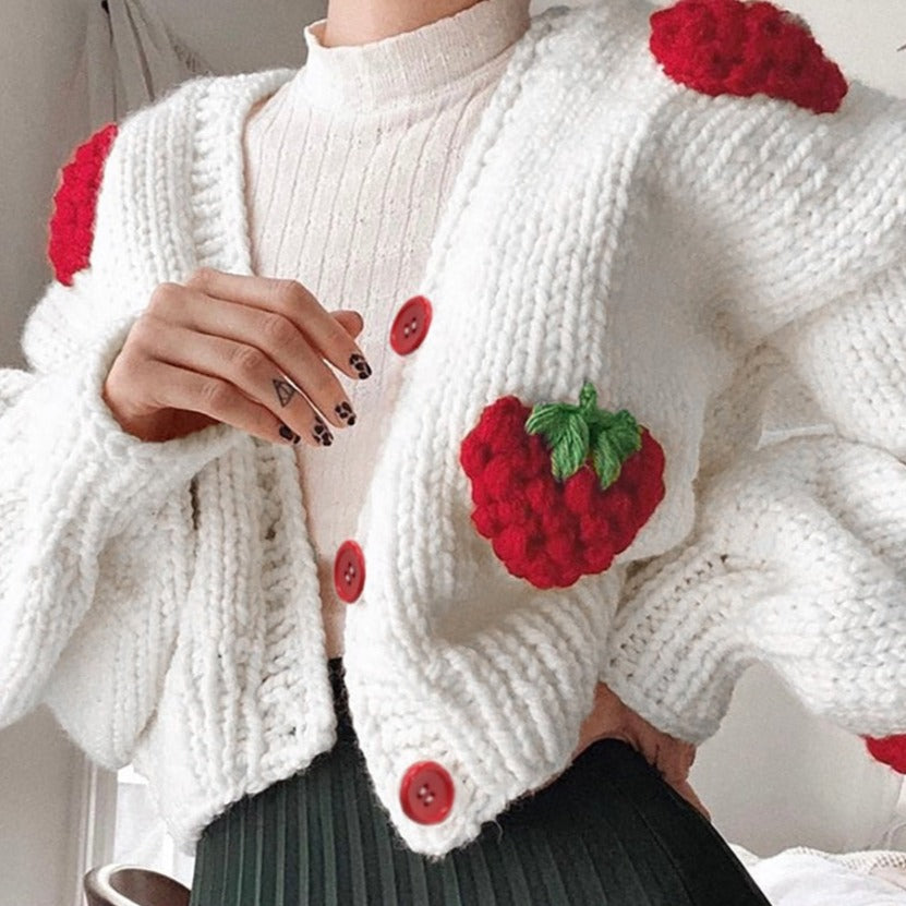 White Knitted Cardigan with Embroidered Strawberries