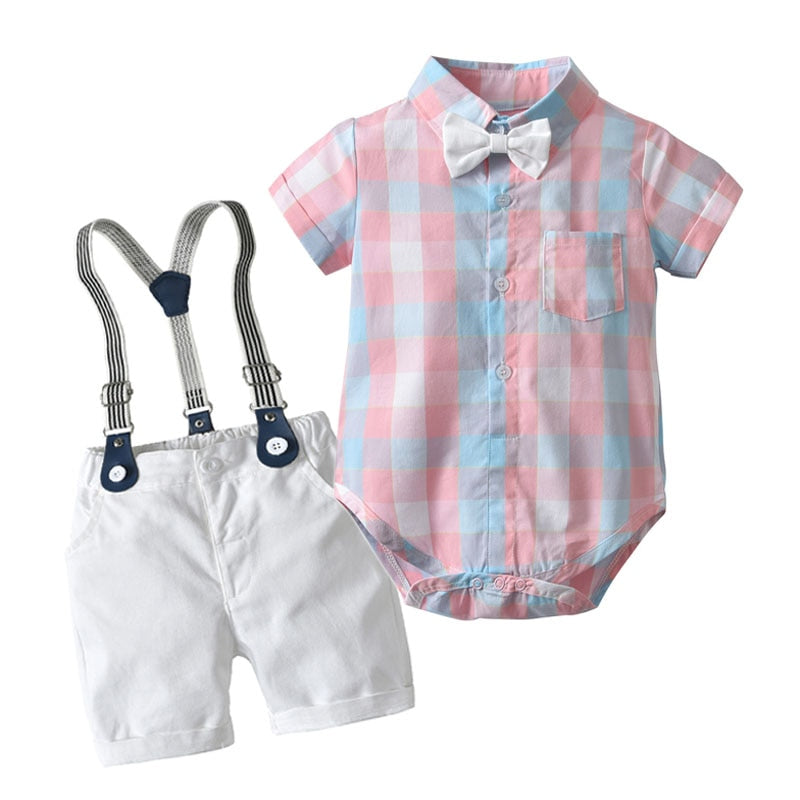 Stylish Summer Baby Boy Outfit (Shirt + Bow + Shorts + Suspenders)