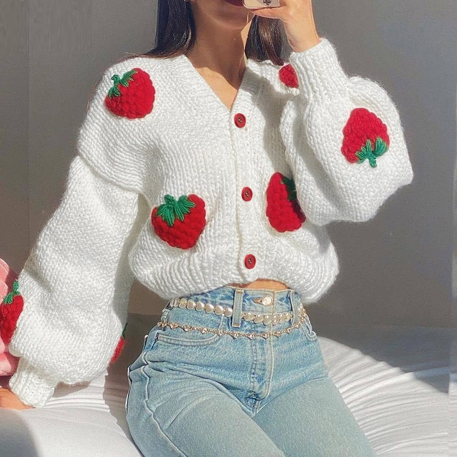 White Knitted Cardigan with Embroidered Strawberries