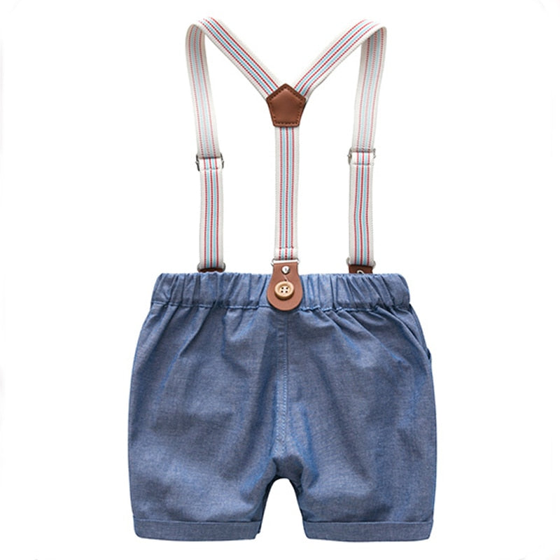 Stylish Summer Baby Boy Outfit (Shirt + Bow + Shorts + Suspenders)