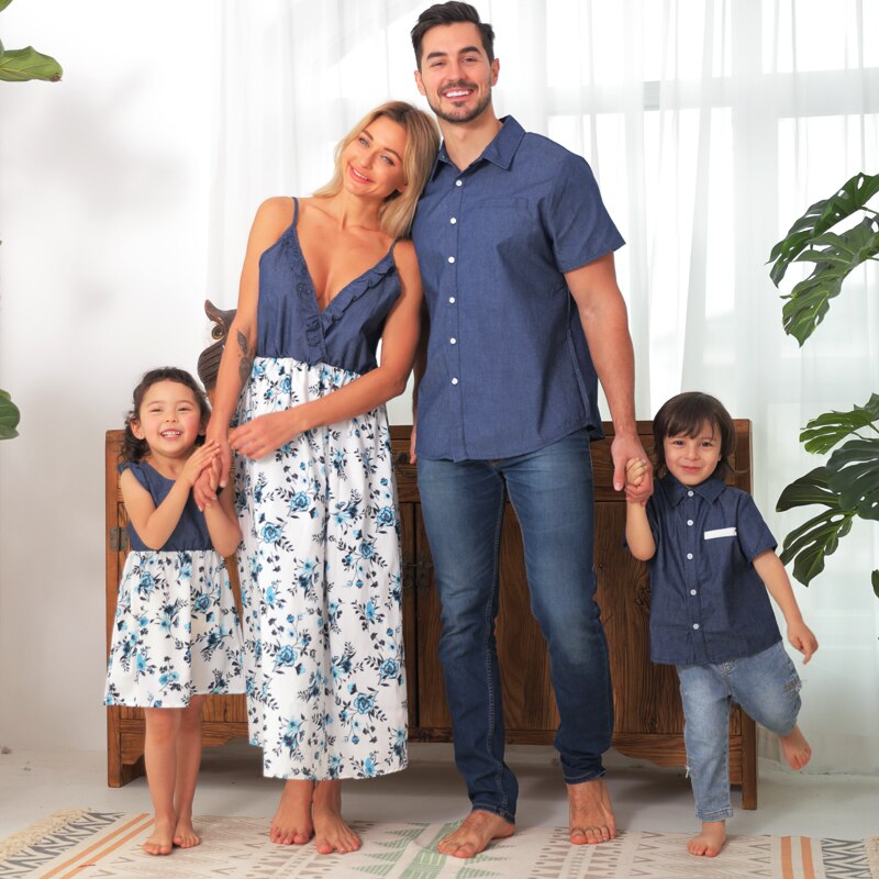 Matching Family Outfit - Floral Dark Denim Outfit for Mummy, Daddy and Baby