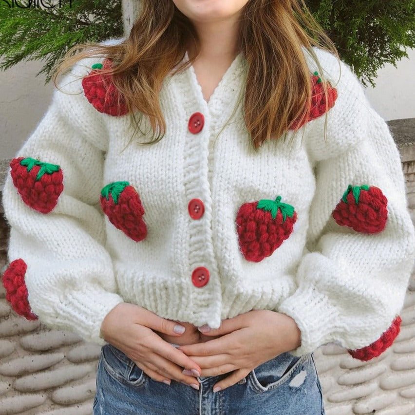 White Knitted Cardigan with Embroidered Strawberries