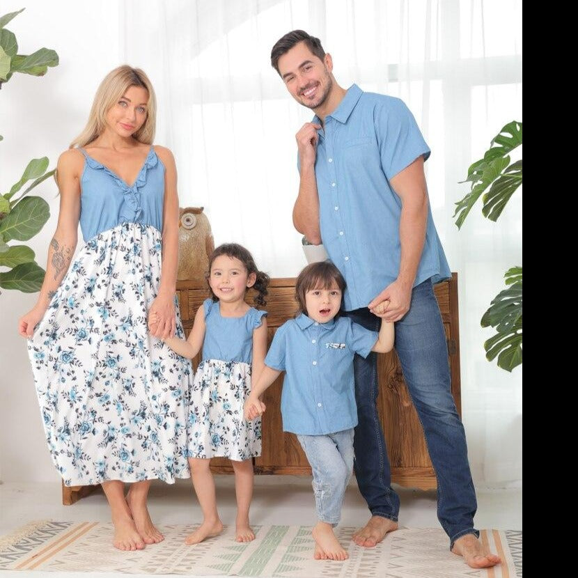 Matching Family Outfit - Floral Light Denim Outfit for Mummy, Daddy and Baby