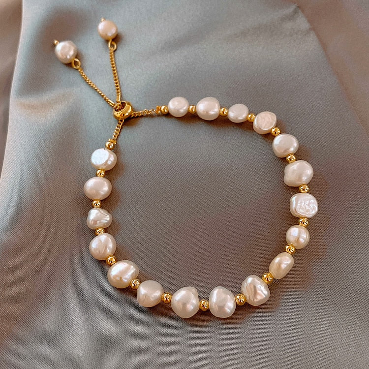 Gold Charm Bracelet with Freshwater Pearls in Baroque Style