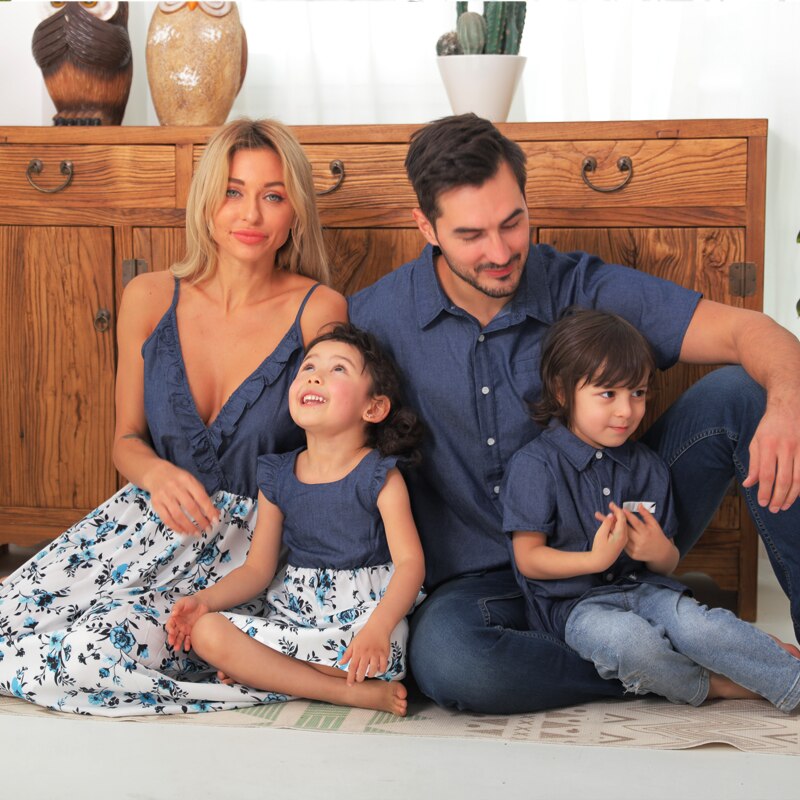 Matching Family Outfit - Floral Dark Denim Outfit for Mummy, Daddy and Baby