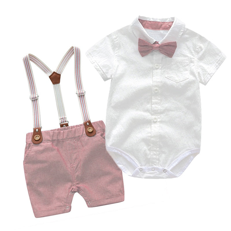 Stylish Summer Baby Boy Outfit (Shirt + Bow + Shorts + Suspenders)