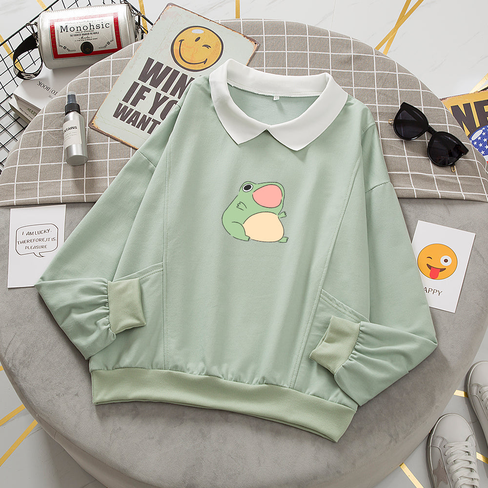 Cartoon Frog Oversized Sweatshirt with Turn-down Collar and Pockets