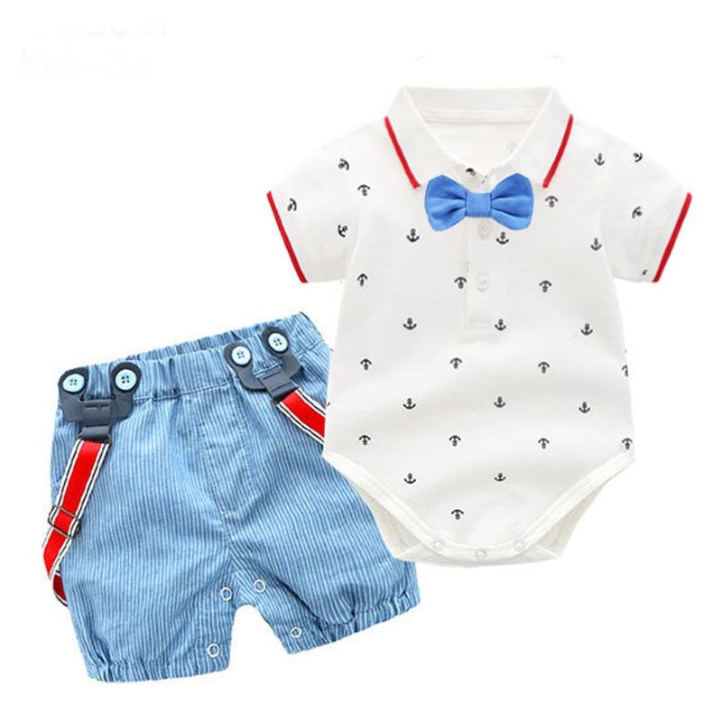 Stylish Summer Baby Boy Outfit (Shirt + Bow + Shorts + Suspenders)