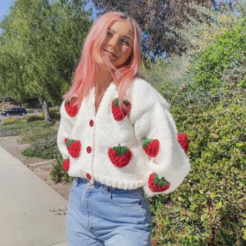 White Knitted Cardigan with Embroidered Strawberries