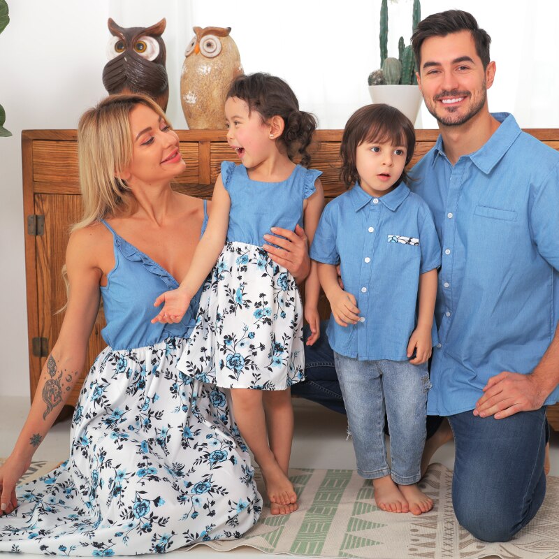 Matching Family Outfit - Floral Light Denim Outfit for Mummy, Daddy and Baby