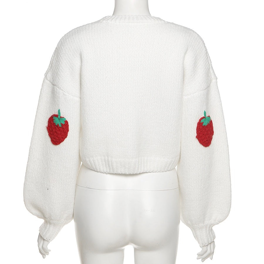 White Knitted Cardigan with Embroidered Strawberries