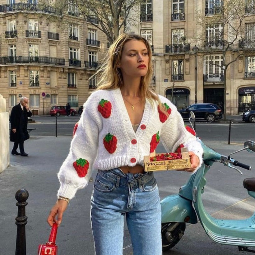 White Knitted Cardigan with Embroidered Strawberries