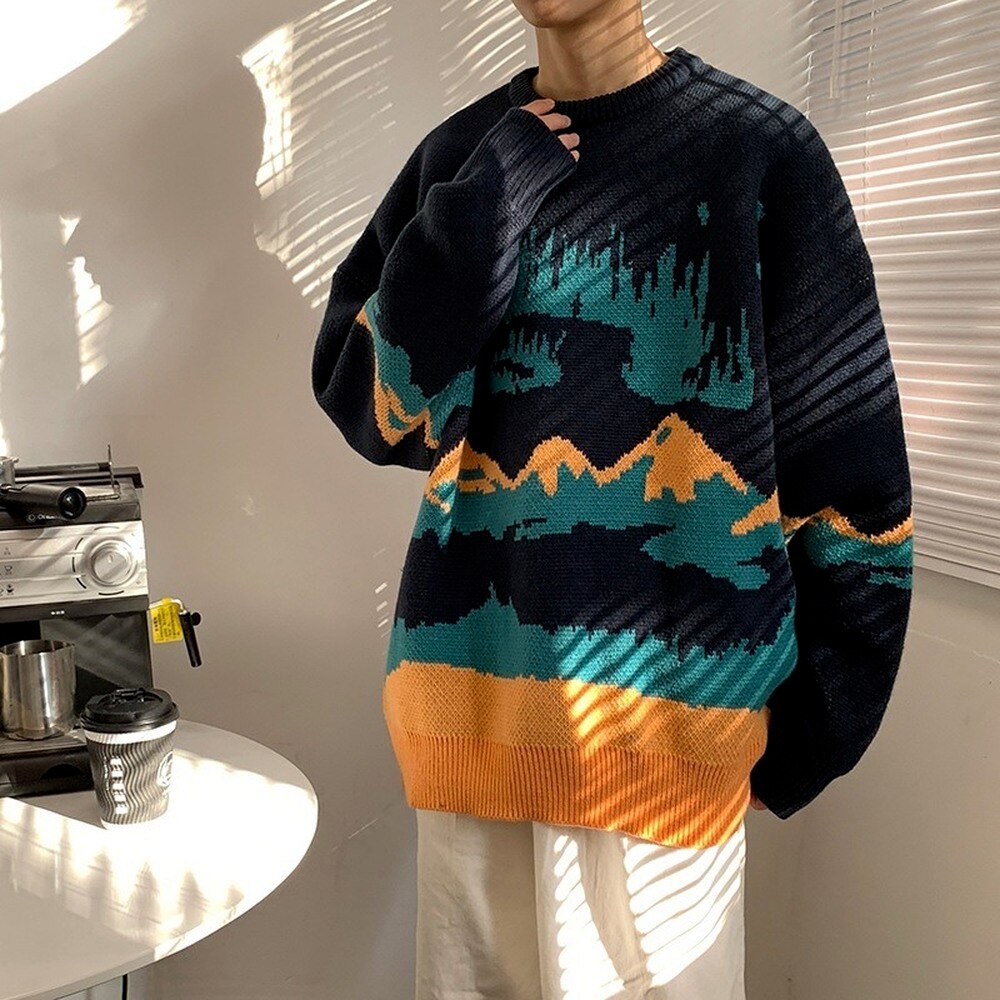 Oversized Winter Men Sweater - Mountain Pattern