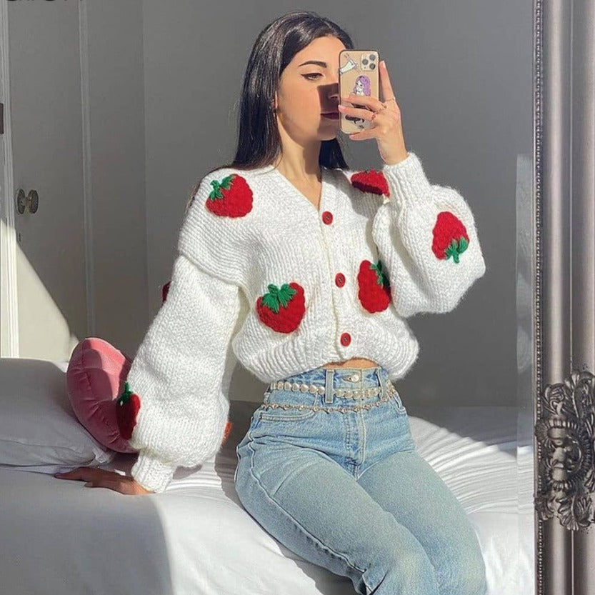 White Knitted Cardigan with Embroidered Strawberries