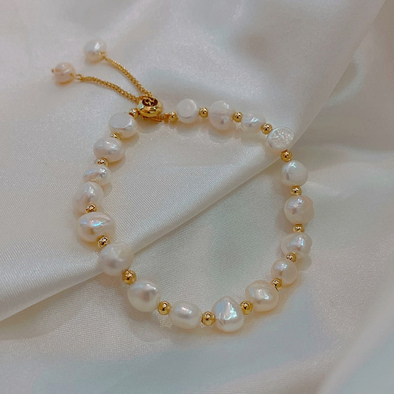 Gold Charm Bracelet with Freshwater Pearls in Baroque Style