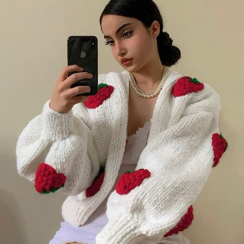 White Knitted Cardigan with Embroidered Strawberries