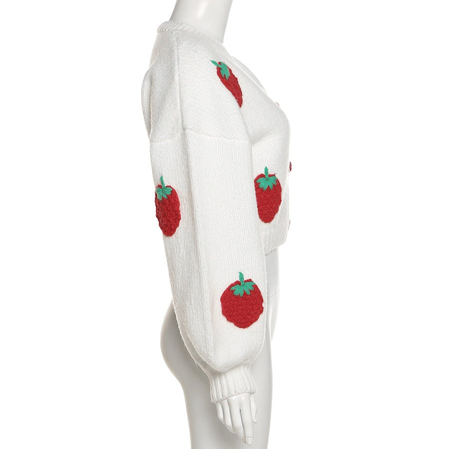 White Knitted Cardigan with Embroidered Strawberries