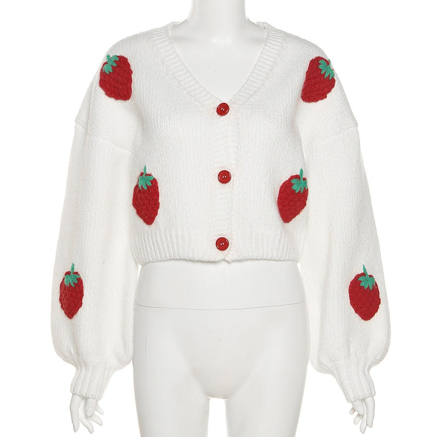 White Knitted Cardigan with Embroidered Strawberries