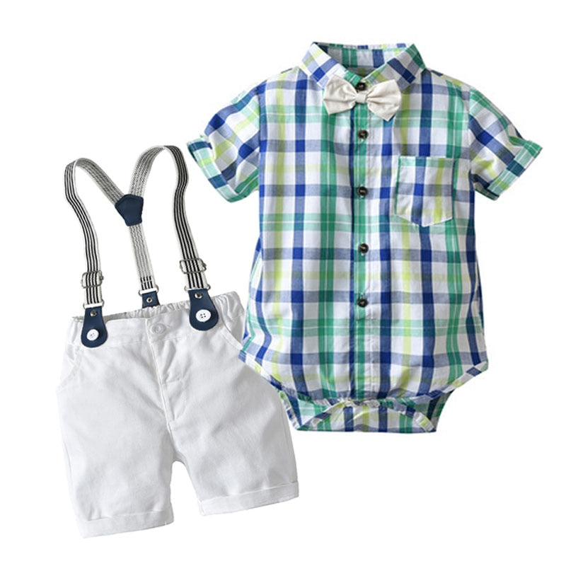 Stylish Summer Baby Boy Outfit (Shirt + Bow + Shorts + Suspenders)