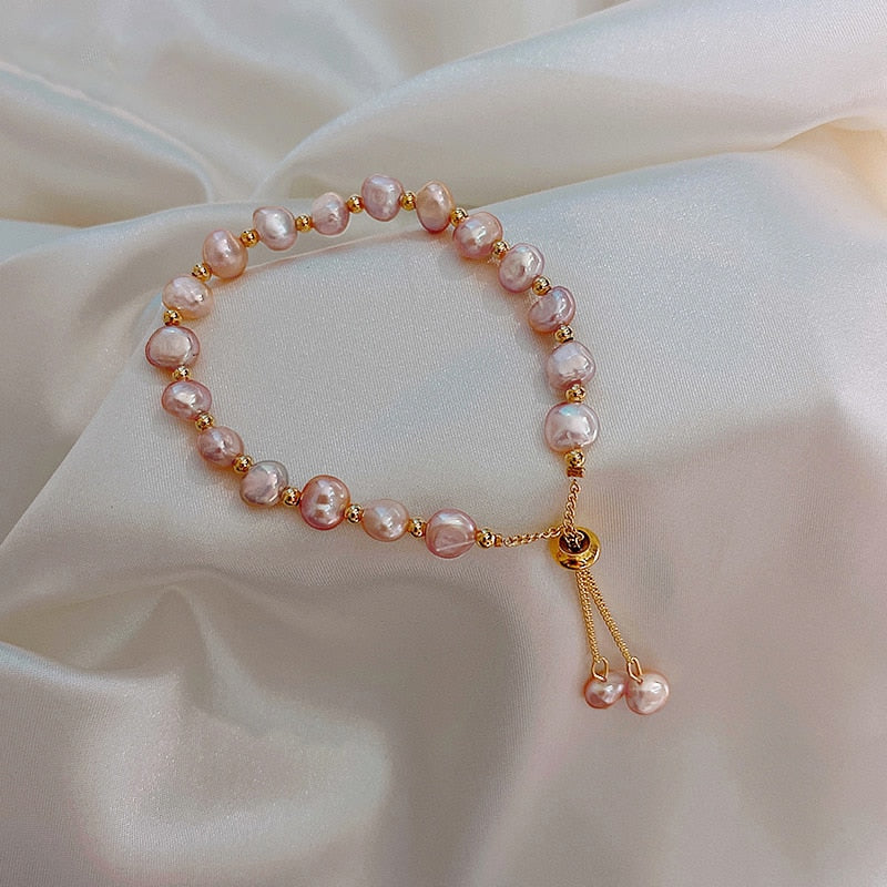 Gold Charm Bracelet with Freshwater Pearls in Baroque Style