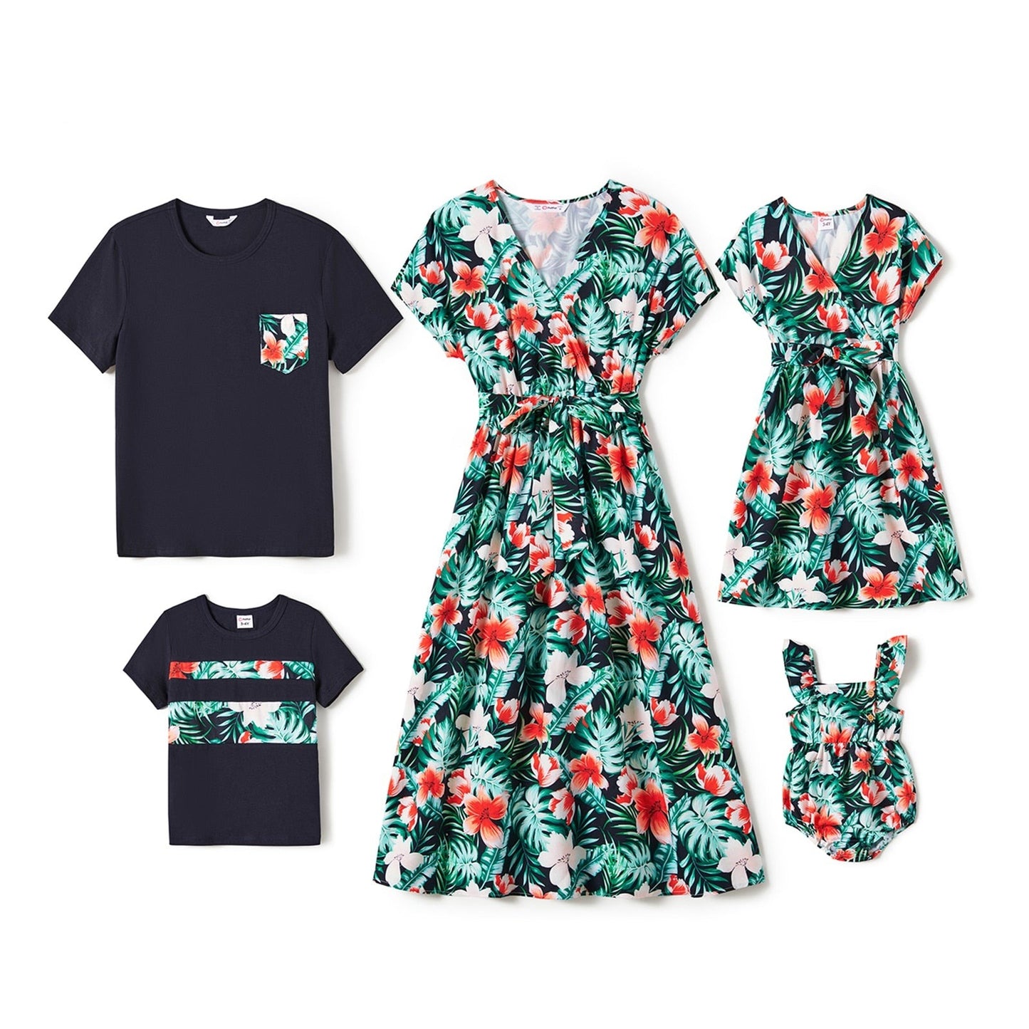 Family Matching Outfit - Allover Floral Print Belted Dress, Short-sleeve Tee and Romper Sets