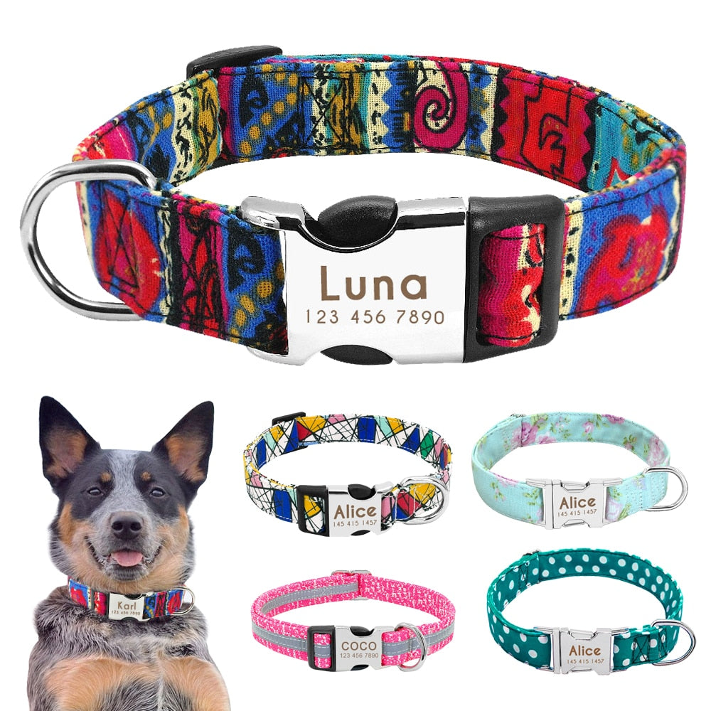 Custom Nylon Dog Collar with Engraved ID Reflective Tag