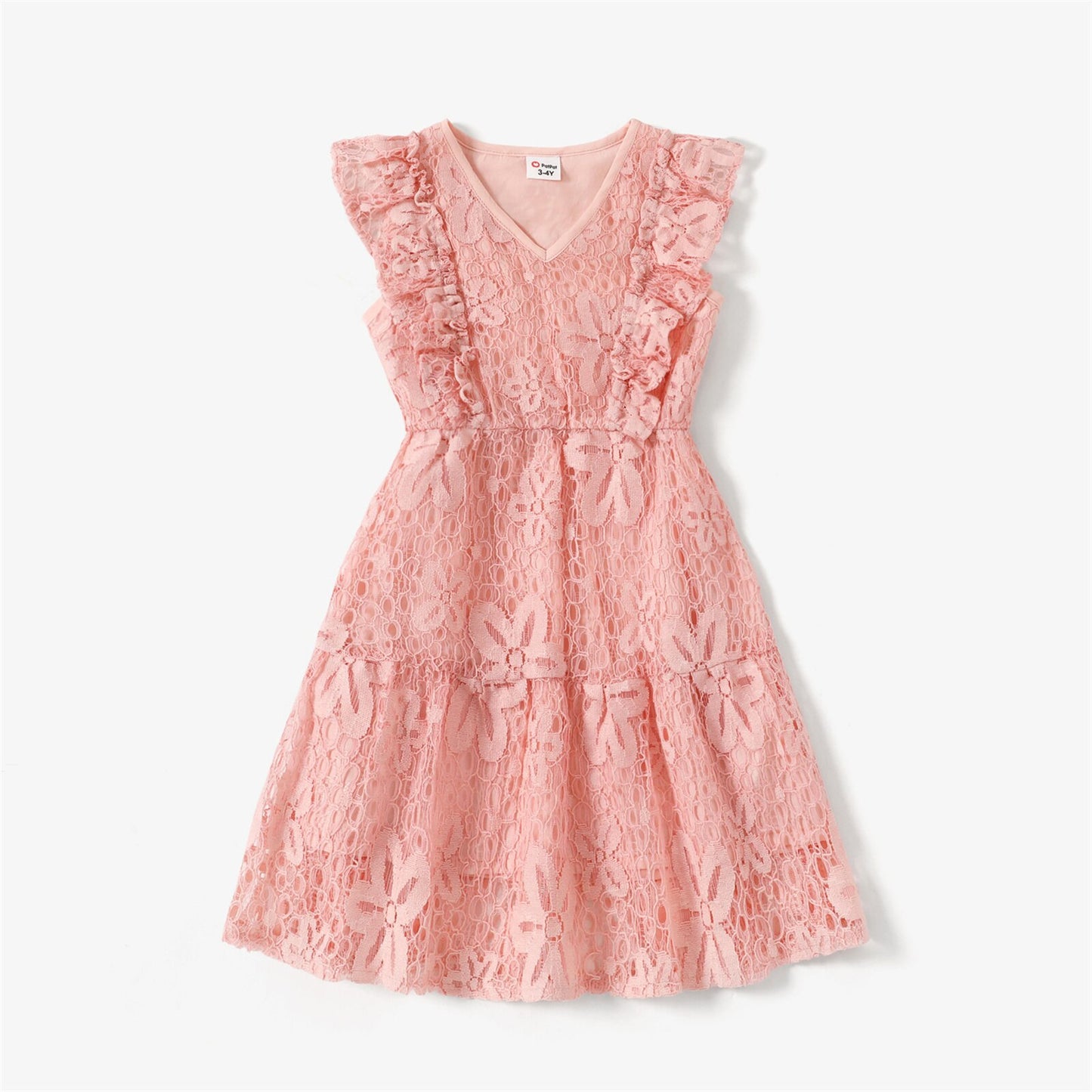 Pink Lace V-Neck Sleeveless Ruffle Dresses and Cotton T-shirts - Family Matching Outfit