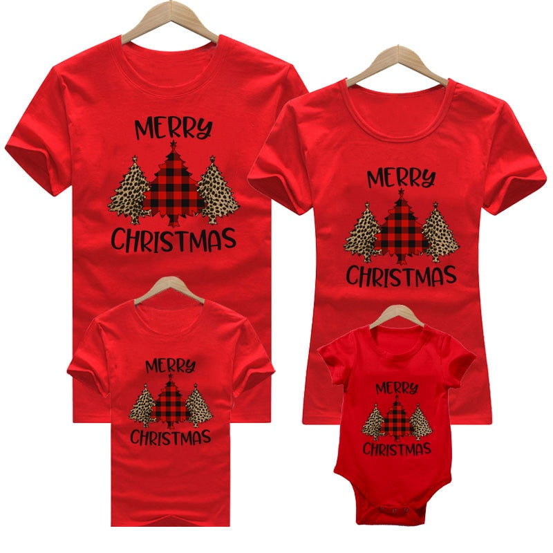 Christmas Family Matching T-shirts Pyjamas Outfits - Mom, Dad & Kids - Shirt & Baby Romper Set