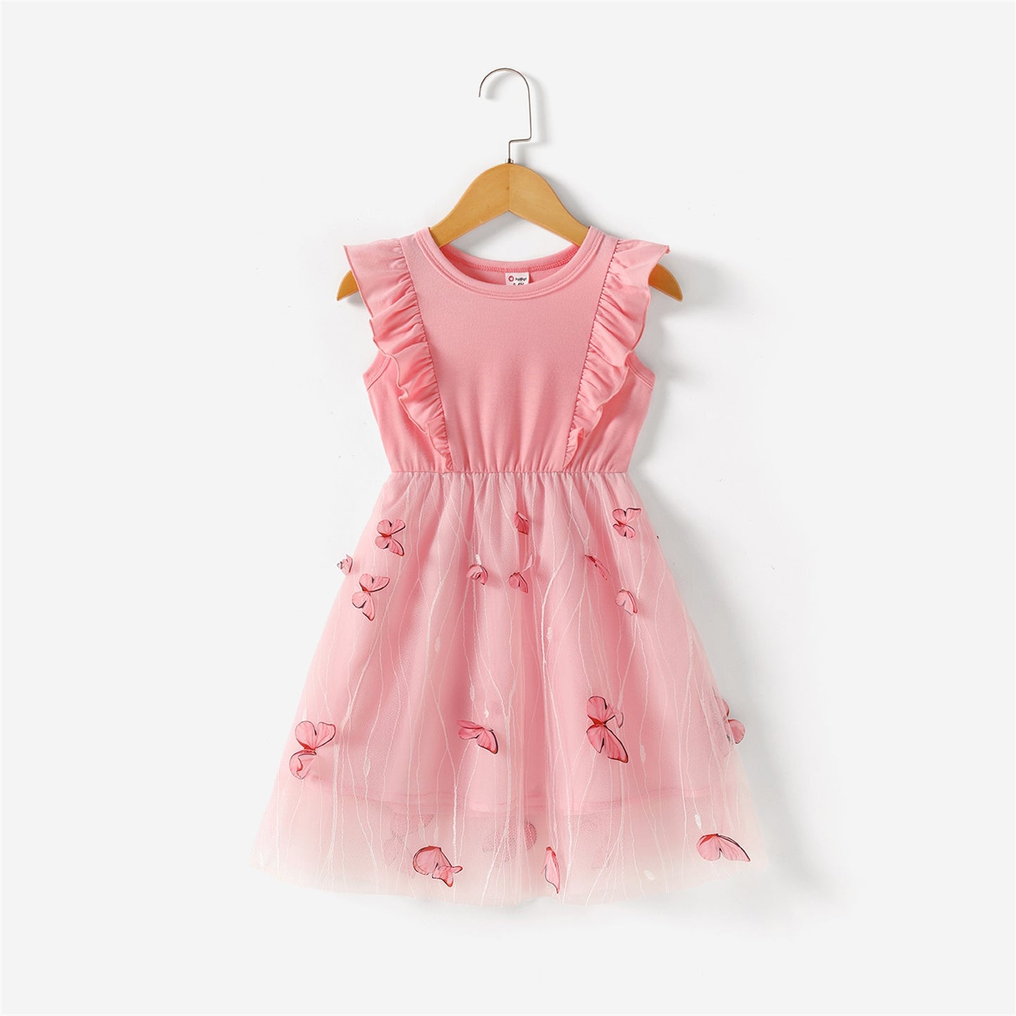 Family Matching Dresses - Pink Tulle with Ruffles and Butterfly Appliqués