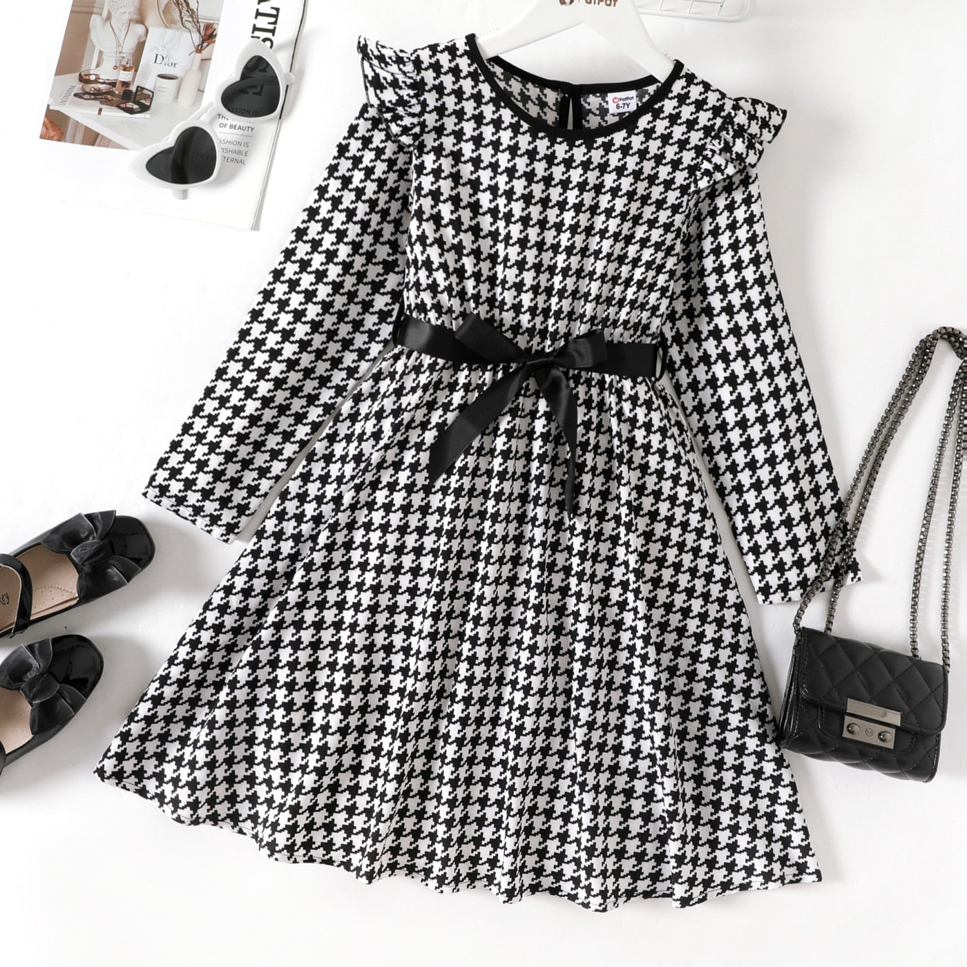 Elegant Black & White Girls Dress Tweed Print