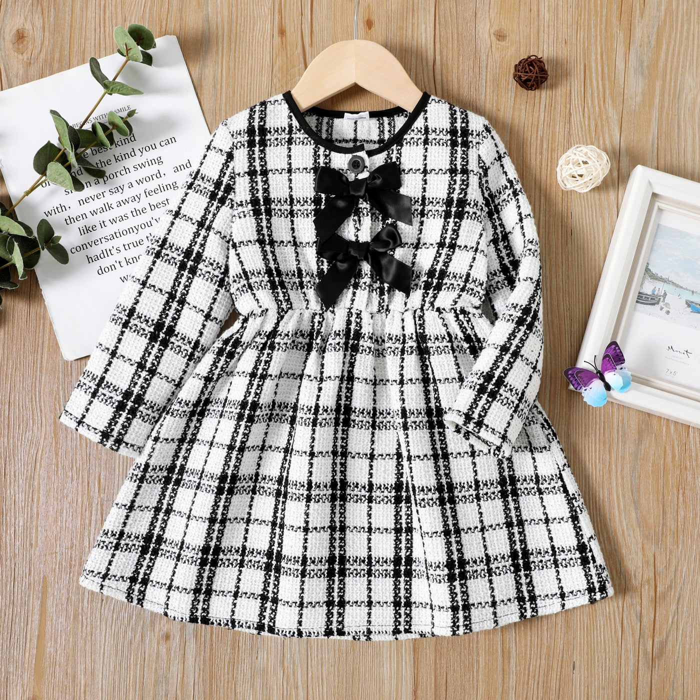 Baby Girl Dress with Pleated Collar - Long Sleeve and Tweed Style