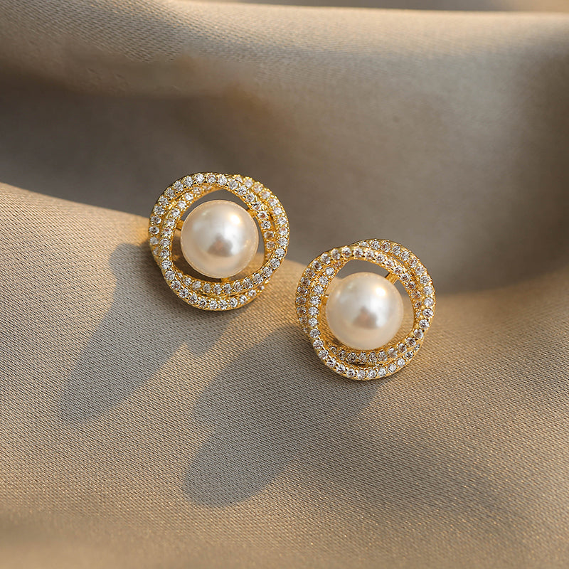 Gold Earrings Swirl-Shaped with Pearls and Zircons