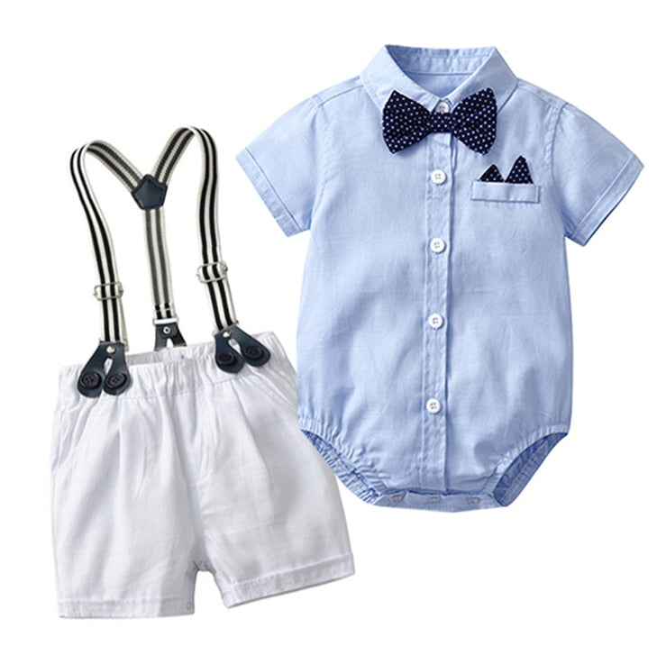 Stylish Summer Baby Boy Outfit (Shirt + Bow + Shorts + Suspenders)