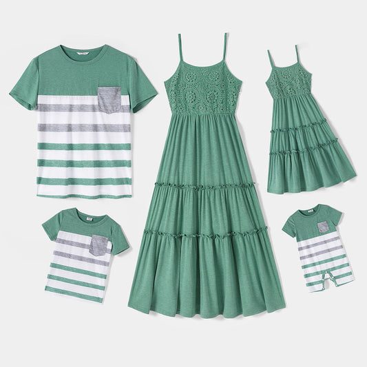 Matching Family Outfit - Green and White Lace Splice Stripes Look